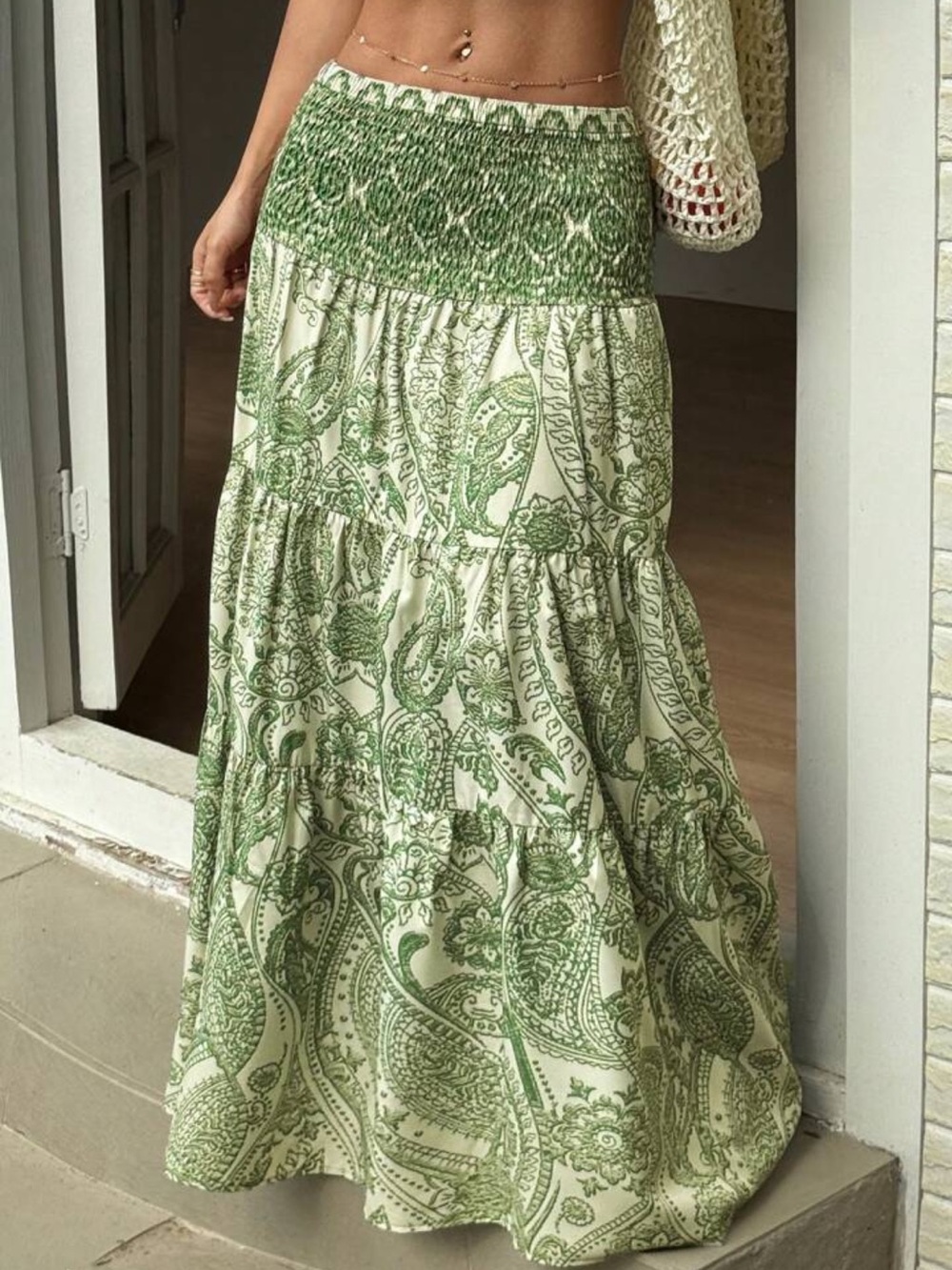 Green & White Floral Maxi Skirt
